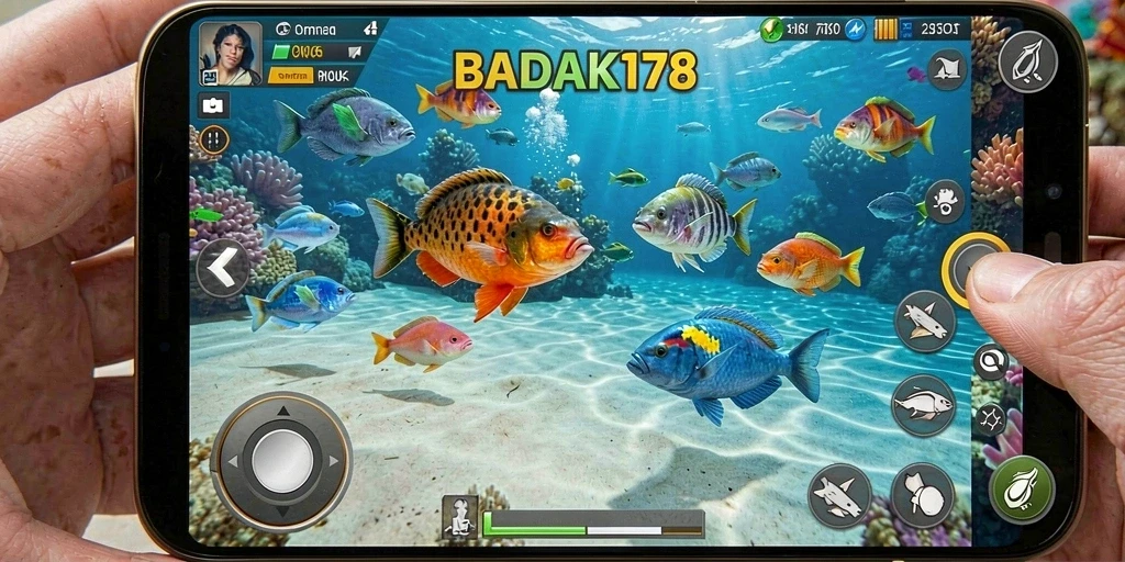 Gameplay seru BADAK178 dengan ikan berwarna-warni.