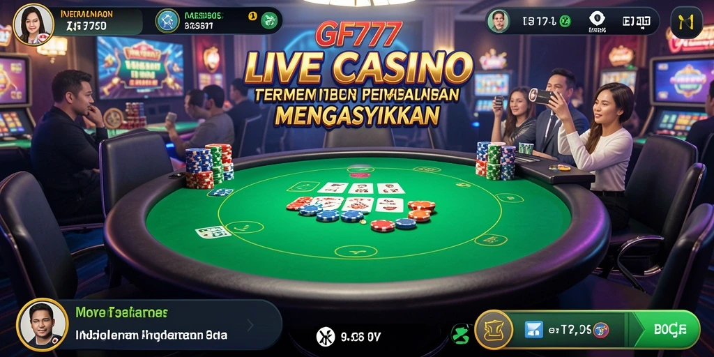 Screenshot gameplay GF777 menampilkan dealer live dan suasana kasino yang hidup.
