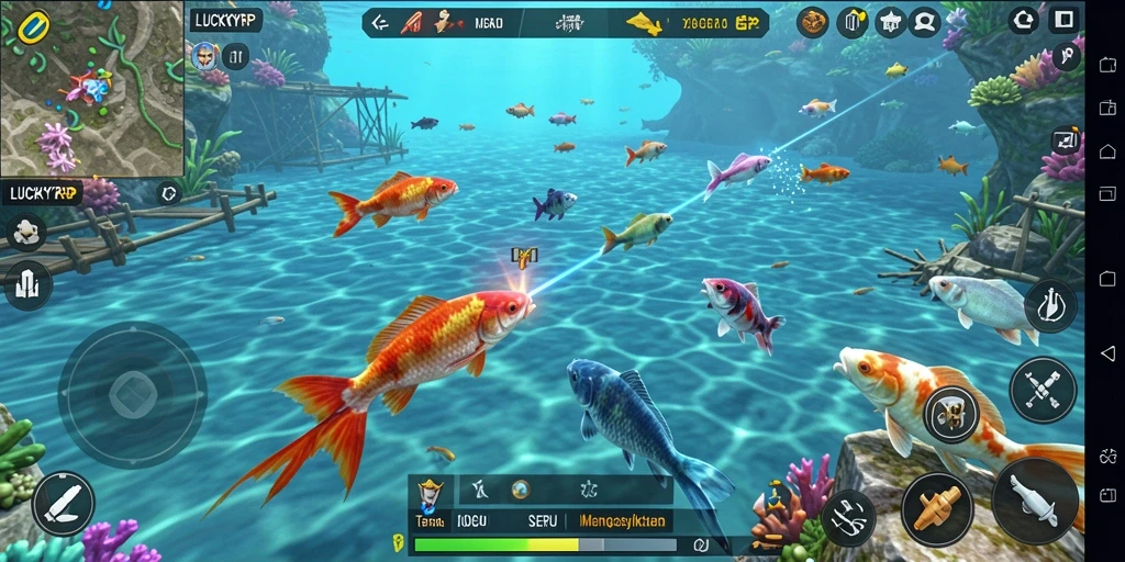 Tampilan gameplay LUCKYRP dengan ikan dan senjata yang beragam.