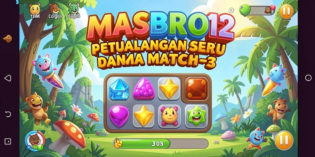 Screenshot gameplay MASBRO12 menunjukkan keseruan mencocokkan item dalam level yang penuh warna.