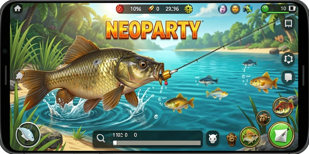 Screenshot gameplay NEOPARTY menampilkan aksi memancing yang seru dan lokasinya yang indah.