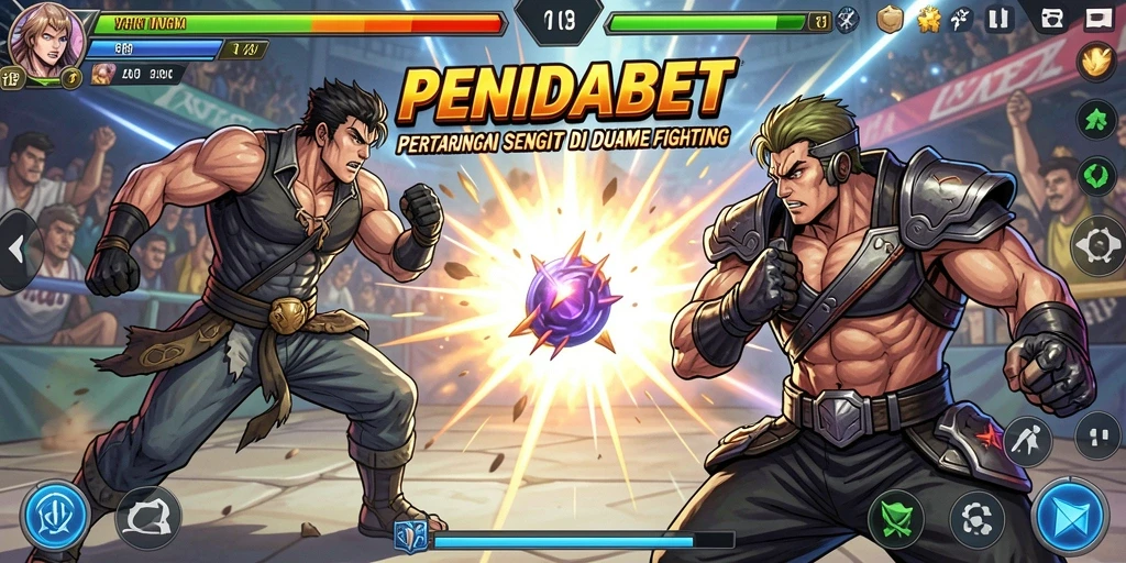 Screenshot menunjukkan karakter bertarung di arena menegangkan.